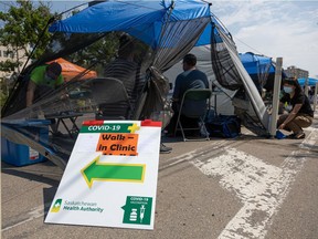 A COVID-19 pop-up vaccination clinic is set up in July in Saskatoon, Sask.