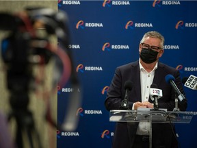 Regina City Manager Chris Holden speaks to members of the media during a news conference, regarding the City's measures to manage the spread of COVID-19, held at City Hall in Regina, Saskatchewan on August 31, 2021.