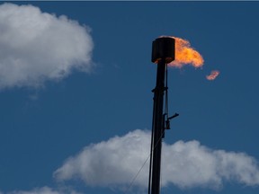 A flare burns south of Weyburn, Saskatchewan on Sept. 7, 2021.