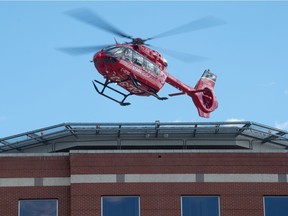 A STARS helicopter takes off from the Regina General Hospital in Regina, Saskatchewan on Sept. 14, 2021.