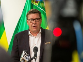 Premier Scott Moe addresses media in a press conference announcing mandatory masking and the implementation of a vaccine passport in response to rising COVID-19 infections and increased hospitalizations. Photo taken in Saskatoon, SK on Thursday, September 16, 2021.