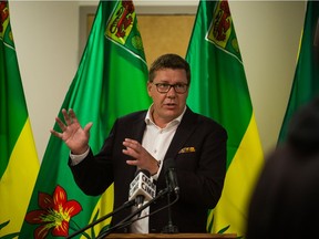 Premier Scott Moe during a Sept. 16 news conference where he announced mandatory masking was returning to Saskatchewan along with other public health measures.