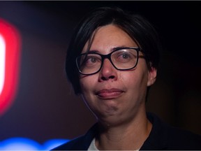 Regina-Lewvan NDP candidate Tria Donaldson addresses the media regarding the results of the federal election during a press scrum outside a Unifor hall on Pasqua Street in Regina on Sept. 20, 2021.