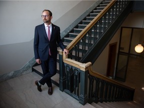 Saskatchewan NDP Leader Ryan Meili stands in a stairwell at the Saskatchewan Legislative Building on Sept. 28, 2021. Meili faces a leadership review at the NDP convention this weekend.