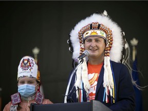 Chief Cadmus DeLorme of Cowessess First Nation speaks during a press conference at Mosaic Stadium on Wednesday, September 29, 2021 in Regina.