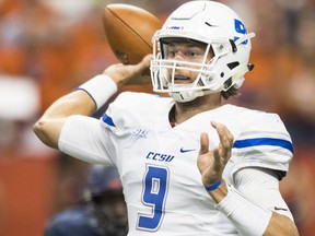 SYRACUSE, NY - September 01: Jacob Dolegala #9 of the Central Connecticut State Blue Devils passes the ball during the first half against the Syracuse Orange on September 1, 2017 at The Carrier Dome in Syracuse, New York.