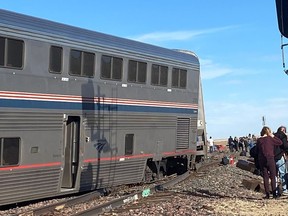 A derailed Amtrak train is seen near Havre, Montana, U.S. Sept. 25.