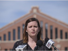 Vicki Mowat, NDP health critic, speaks during a press conference at near the Regina Armoury. The MLA called on the province to seek military aid and other public support to protect the operational capacity of Saskatchewan's health care and long-term care systems.