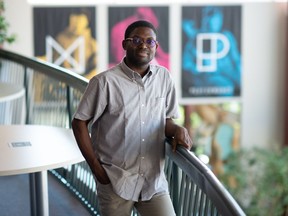REGINA, SASK : September 6, 2021  -- Taiwo Afolabi, assistant professor of theatre in the University of Regina's faculty of media, arts and performance, stands in the Dr. William Riddell Centre at the school in Regina, Saskatchewan on Sept. 6, 2021. Afolabi spoke to the Leader-Post about how live theatre needs to change post-pandemic and after many recent social movements.

BRANDON HARDER/ Regina Leader-Post