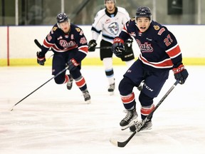 Borya Valis, 27, of the Regina Pats is shown Friday in a WHL pre-season game against the Winnipeg Ice at the Co-operators Arena.