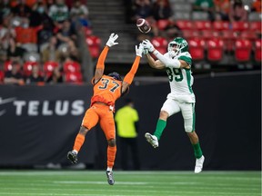 B.C. Lions' KiAnte Hardin (37) breaks up a pass intended for Saskatchewan Roughriders' Kian Schaffer-Baker (89) during the first half of Friday's game at BC Place.
THE CANADIAN PRESS/Darryl Dyck