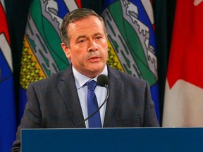 Alberta Premier Jason Kenney during a news conference regarding the surging COVID cases in the province on Sept. 15.