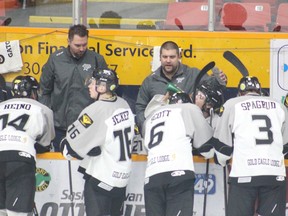 POSTMEDIA FILE PHOTO: Battlefords North Stars head coach Brayden Klimosko talks to his team during a timeout at a 2019 SJHL game. (Michael Oleksyn/Postmedia)