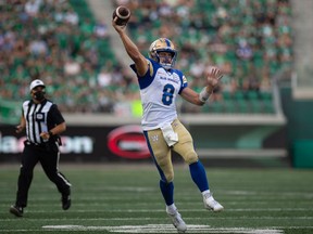 Zach Collaros, shown during Sunday's CFL game against the Saskatchewan Roughriders, has been reborn as a player with the Winnipeg Blue Bombers.