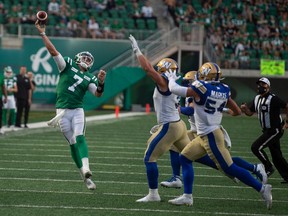 The Roughriders' Cody Fajardo throws the ball under pressure Sunday during a 23-8 loss to the visiting Winnipeg Blue Bombers.