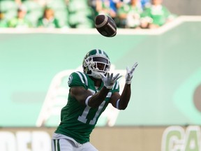 Saskatchewan Roughriders defensive back and pending free agent, Ed Gainey, shown making an interception  against the visiting Winnipeg Blue Bombers, won't be offered a contract by the Green and White.