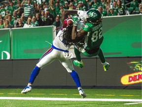 Naaman Roosevelt, 82, makes a touchdown catch for the Saskatchewan Roughriders against the Montreal Alouettes on June 30, 2018 at Mosaic Stadium. Roosevelt is now a member of the Winnipeg Blue Bombers.