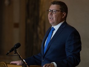 Saskatchewan Premier Scott Moe addressees the media regarding the results of the previous day's federal election during a news conference held in the rotunda at the Legislative Building in Regina on Sept. 21, 2021.