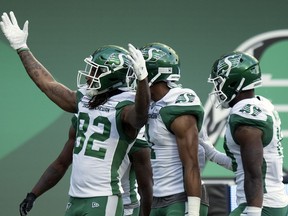It's still being determined if Naaman Roosevelt (82), shown shown here celebrating a touchdown in 2019 with the Saskatchewan Roughriders, 
will dress for the Winnipeg Blue Bombers in Sunday's Labour Day Classic. TROY FLEECE / Regina Leader-Post