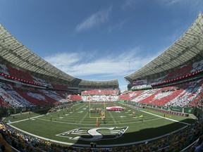 Every seat has been sold for Sunday's Labour Day Classic between the Saskatchewan Roughriders and Winnipeg Blue Bombers — the fourth such game at new Mosaic Stadium, shown in 2017.