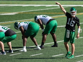 Saskatchewan Roughriders quarterback Isaac Harker, 16, is shown at practice earlier this week.