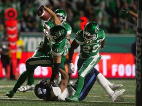 Saskatchewan Roughriders receiver Kian Schaffer-Baker carries the ball over the goal line to complete a highlight-reel, 24-yard touchdown — his first major in the CFL — on Sept. 17 versus the Toronto Argonauts.