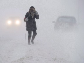 Pedestrian walks down Brunswick Street in Halifax as major storm blasts the Maritimes on Feb. 2017. A La Nina pattern forming in the Pacific Ocean is expected to bring wet weather to Canada's western coast this winter, while a polar vortex could be pushed from the North Pole to the Prairies.