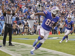 Duke Williams of the Buffalo Bills celebrates a touchdown catch in an Oct. 6, 2019 NFL game against the host Tennessee Titans. The signing of Williams was announced by the Saskatchewan Roughriders on Monday.