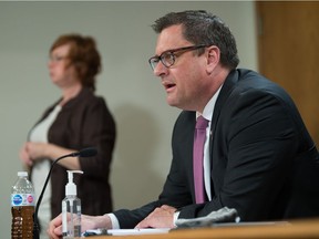 Saskatchewan Health Minister Paul Merriman speaks to media during a news conference regarding COVID-19 held at the Saskatchewan Legislative Building in Regina, Saskatchewan on May 6, 2021.