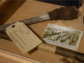 Homemade weapons from the Regina Riot in 1935 are seen at the RCMP Heritage Centre in Regina, Saskatchewan on Oct. 5, 2021. The weapons are a part of the centre's Macabre Museum, an annual display of artifacts from historical police work and cases.