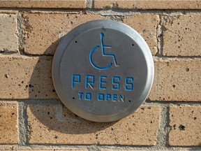 A button to open the door for those with disabilities is seen on the exterior of the Holy Rosary Cathedral in Regina on Oct. 5, 2021.