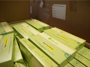 COVID-19 rapid tests are seen in the the Regina & District Chamber of Commerce office in Regina, Saskatchewan on Oct. 25, 2021. The office received over 4,000 test kits, each containing 5 tests.