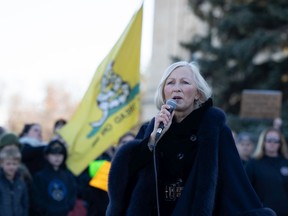 A large crowd gathers in front of the Saskatchewan Legislative Building in Regina, Saskatchewan on Oct. 27, 2021. The gathering was a demonstration against proof of vaccine mandates and other pandemic measures.