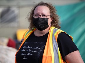 Denise Kennedy, a volunteer at Camp Marjorie, stands for a photo in the camp at Pepsi Park in Regina on Oct. 29, 2021.