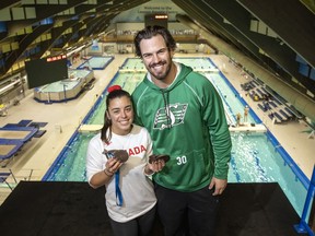 Olympic diver Meaghan Benfeito and Saskatchewan Roughriders fullback Alex Dupuis are pleased to be together in Regina.