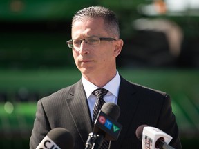 Viterra North America CEO Kyle Jeworski speaks to media during a news conference regarding a partnership with the Regina Food Bank held at the food bank on Winnipeg Street in Regina, Saskatchewan on May 5, 2021.