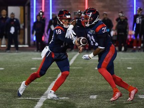 The Saskatchewan Roughriders will be looking to stop Montreal Alouettes tailback William Stanback, shown accepting a handoff from Matthew Shiltz, on Saturday in Montreal.