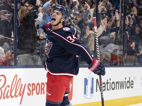 Columbus Blue Jackets centre Cole Sillinger celebrates his first NHL goal, scored during Thursday's 3-2 victory over the visiting Columbus Blue Jackets.