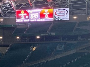 A darkened Mosaic Stadium is shown Thursday, when the Miller Marauders met the LeBoldus Golden Suns in a Regina Intercollegiate Football League that was delayed for two hours due to a blown breaker. Photo courtesy Lisa Schwann.