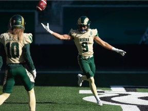 University of Regina Rams' D'Sean Mimbs celebrates a touchdown catch Oct. 2 against the University of Calgary Dinos at Mosaic Stadium. Mimbs had two TDs to help the Rams defeat the top-ranked Dinos 34-21.