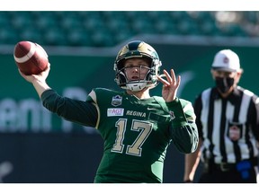 University of Regina Rams quarterback Josh Donnelly, 17, is shown throwing a touchdown pass to Riley Boersma during Saturday's 31-30 overtime loss to the UBC Thunderbirds at Mosaic Stadium.