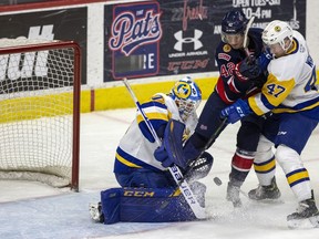 Saskatoon Blades goalie Nolan Maier earned first-star honours Friday, making 37 saves to backstop his team to a 5-2 victory over the Regina Pats at the Brandt Centre. Maier is shown foiling the Pats' Drew Englot at close range.