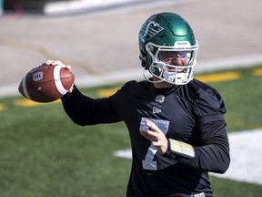 Saskatchewan Roughriders quarterback Cody Fajardo, shown during Tuesday's practice, offered his apologies for comments he made after Saturday's 23-17 loss to the host Calgary Stampeders.
