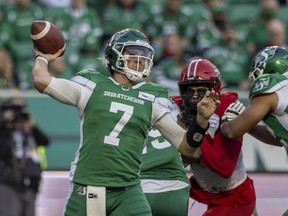 MAIN ART. Saskatchewan Roughriders quarterback Cody Fajardo, 7, throws a pass during Saturday's 22-19 CFL loss to the Calgary Stampeders at Mosaic Stadium.