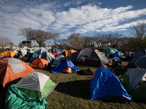 Camp Marjorie, later renamed Camp Hope — a tent encampment for homeless people — is seen at Pepsi Park in Regina, Saskatchewan on Oct. 29, 2021.