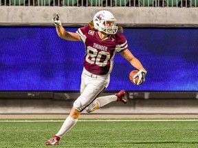 Rylan Sokul of the Regina Thunder celebrates a 48-yard touchdown catch during Sunday's 45-26 Prairie Football Conference playoff victory over the Winnipeg Rifles at Leibel Field. The victory propelled the unbeaten Thunder into the PFC final against the Saskatoon Hilltops (Sunday, 1 p.m., Mosaic Stadium).