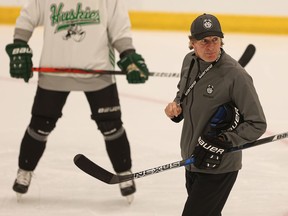Head coach Mike Babcock, right, and the University of Saskatchewan Huskies are to face the University of Regina Cougars in Canada West men's hockey on Friday (7 p.m., Co-operators Centre).