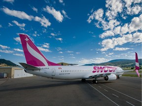 A Swoop plane on the ground in Kelowna. Swoop is launching with twice weekly service between Regina and Edmonton starting June 16.