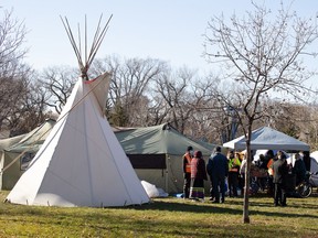 A teepee is seen at Camp Marjorie at Pepsi Park in Regina on Oct. 30, 2021. The structure was erected on the evening of Oct. 29 and hosted a ceremony on the morning of Oct. 30.