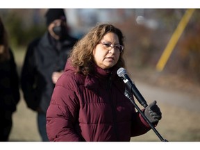 Erica Beaudin, Regina Treaty Status Indian Services executive director, speaks with media regarding homelessness during a news conference held at Camp Marjorie at Pepsi Park in Regina, Saskatchewan on Nov. 1, 2021.
